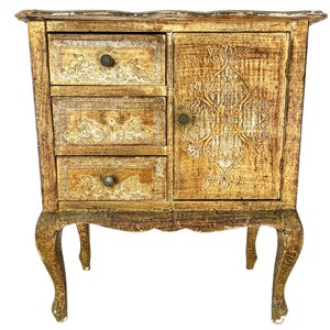 Vintage Italian Florentine Florence Gold Balsa Wood Ornately Decorated Small Side Table Cupboard Chest Of Drawers Stand c1950-60&#39;s / EVE