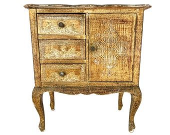 Vintage Italian Florentine Florence Gold Balsa Wood Ornately Decorated Small Side Table Cupboard Chest Of Drawers Stand c1950-60's / EVE
