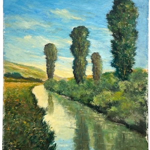 Vintage French River Countryside Scenery &quot;Flow&quot; Acrylic Painting On Wood Board Wall Decor Decoration c1950-60&#39;s / EVE