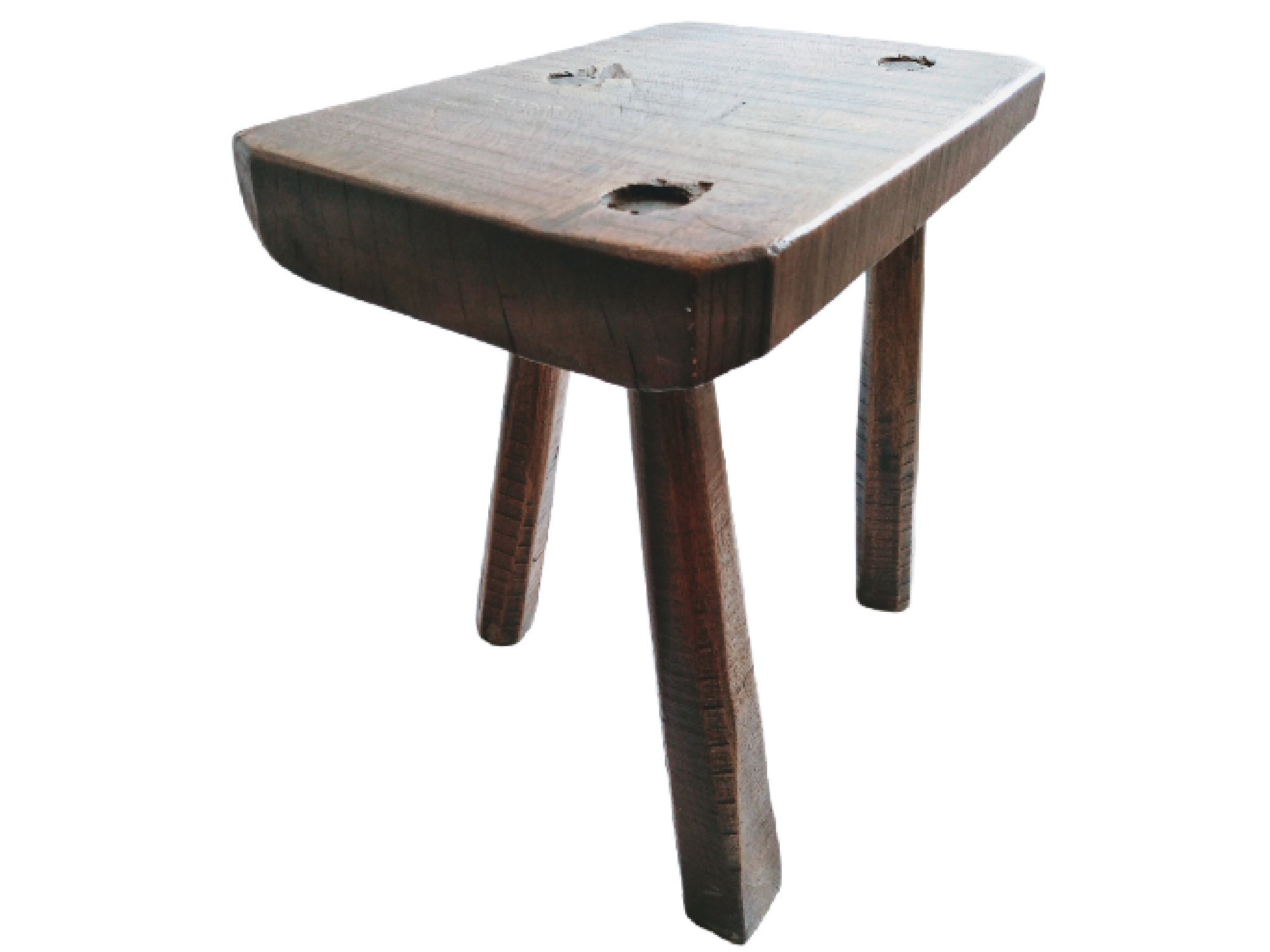 Vintage Français Tabouret en Bois Marron Lourd Naturel Petit Banc Chaise Stand Présent Dossier Repos
