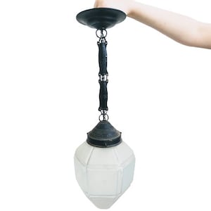 Vintage French Black Metal Milky Glass Hanging Chandelier Pendant Lamp Electric Light Lantern Hanging c1950-60&#39;s / EVE de France