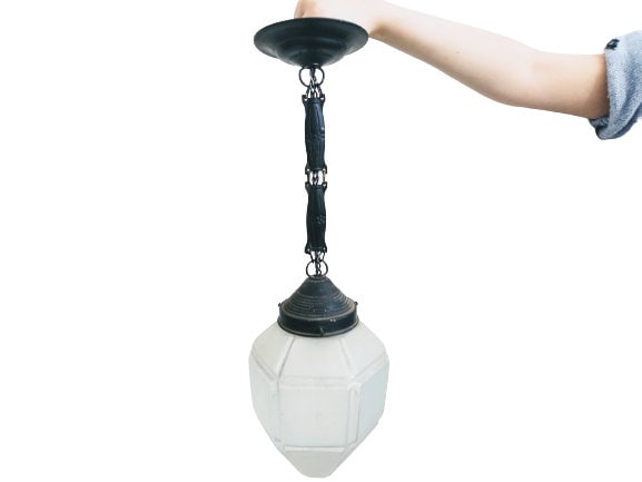 Vintage French Black Metal Milky Glass Hanging Chandelier Pendant Lamp Electric Light Lantern Hanging c1950-60's / EVE de France