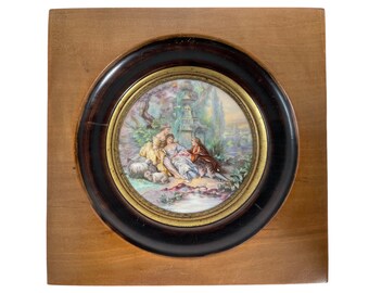 Antique French Small Miniature Tiny Circular Framed Painting Of Two Ladies With Suitor Dress Wall Decor Collector c1900's / EVE