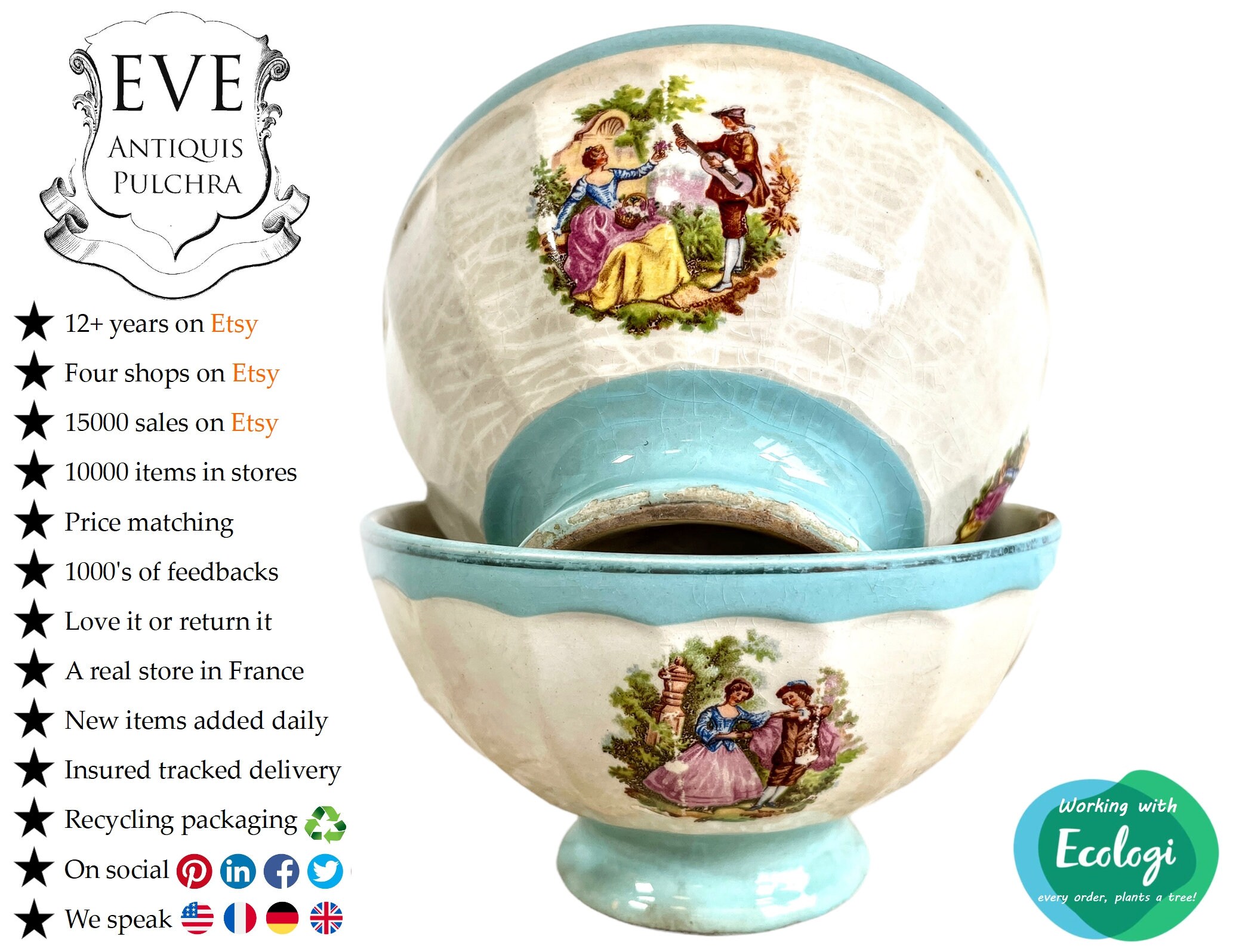 Antique Français Blue White Ceramic Bowl Dish Plate With Damage Chips Chippy Prop Pair Lovers Breakf