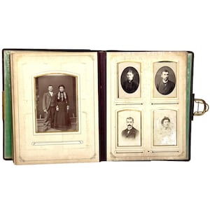 Antique French Leather Bound Photo Album Frame Original French Wedding Uniform Family Photos Decorative 60 Pictures c1880-1920&#39;s / EVE