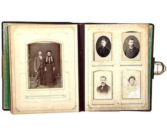 Antique French Leather Bound Photo Album Frame Original French Wedding Uniform Family Photos Decorative 60 Pictures c1880-1920's / EVE