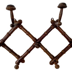 Vintage French Wood Wooden Five Coat Knob Two Hat Hook Shelf Coat Hanger Decor Display Hallway Cloakroom Bamboo Look c1930-40&#39;s / EVE
