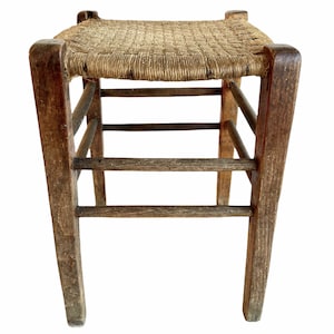 Antique Raffia Stool French Wooden Wicker Brown Wood Woven Low Small Chair String Woven Plinth Stand Tabouret Pot c1910-20&#39;s / EVE