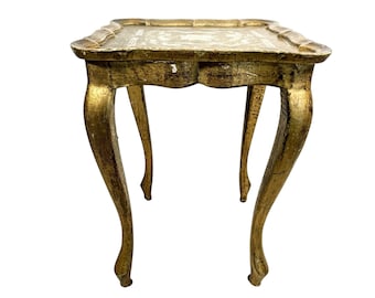 Vintage Italian Florentine Florence Gold Red Wood Ornately Decorated Small Side Table Stand Display Decor c1960-70's / EVE