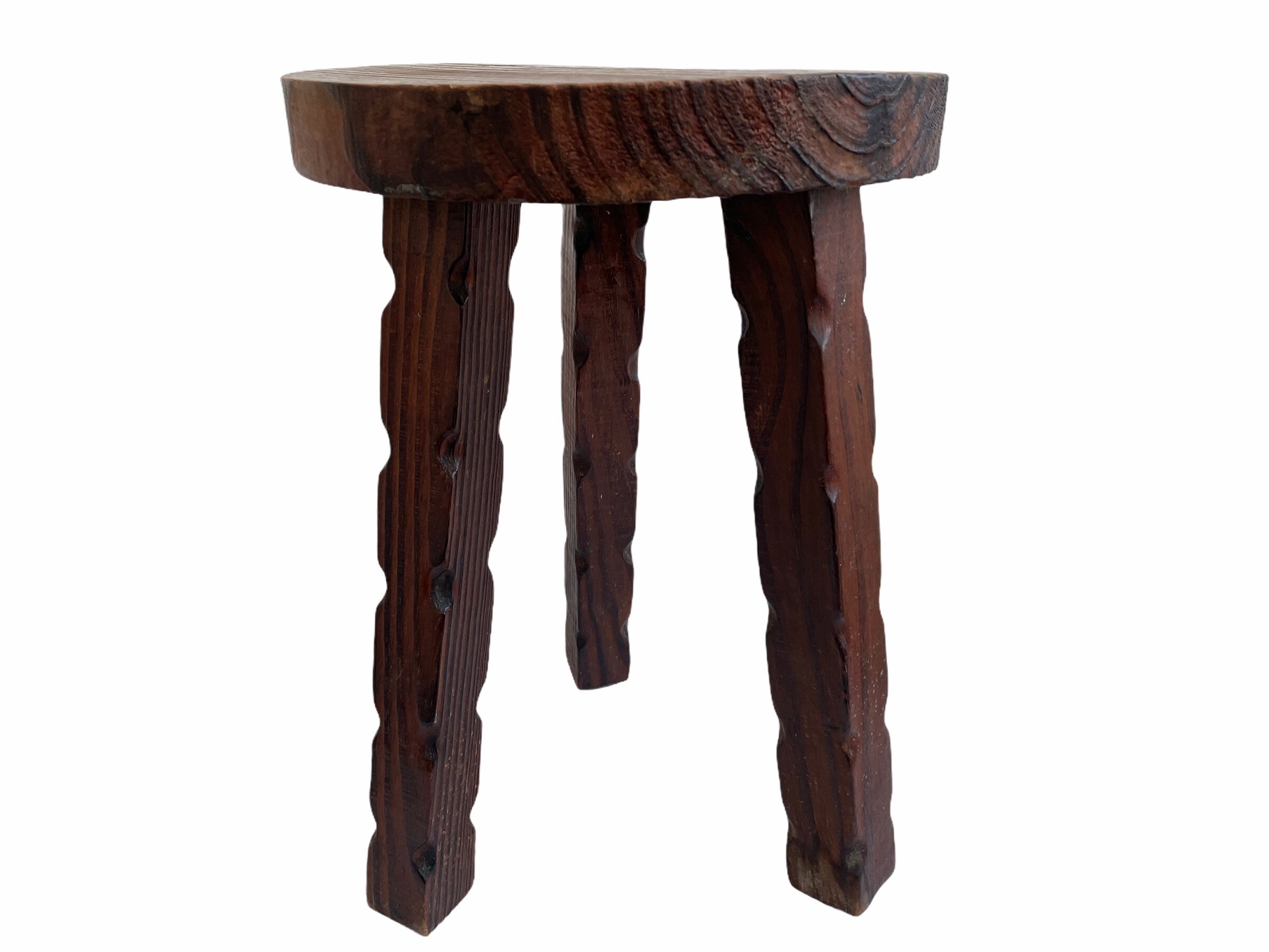Vintage French Chunky Stool Wooden Brown Wood Small Milking