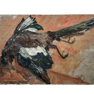 Vintage French Painting Acrylic Nature Mort Dead Bird On Wood Canvas Wall Decor Display c1940-50&#39;s / EVE