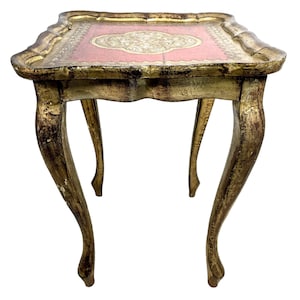 Vintage Italian Florentine Florence Gold Red Wood Ornately Decorated Small Side Table Stand Display Decor c1950-60&#39;s / EVE