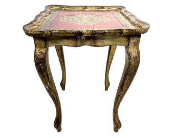 Vintage Italian Florentine Florence Gold Red Wood Ornately Decorated Small Side Table Stand Display Decor c1950-60's / EVE