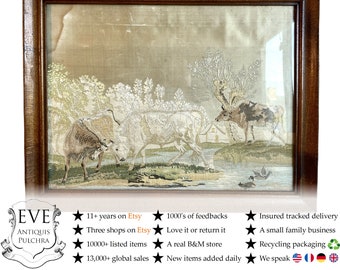 Antique French Brocade Detailed Tapestry Deers Cows Cattle Countryside Framed Château Tapisserie circa 1850-1900's / EVE
