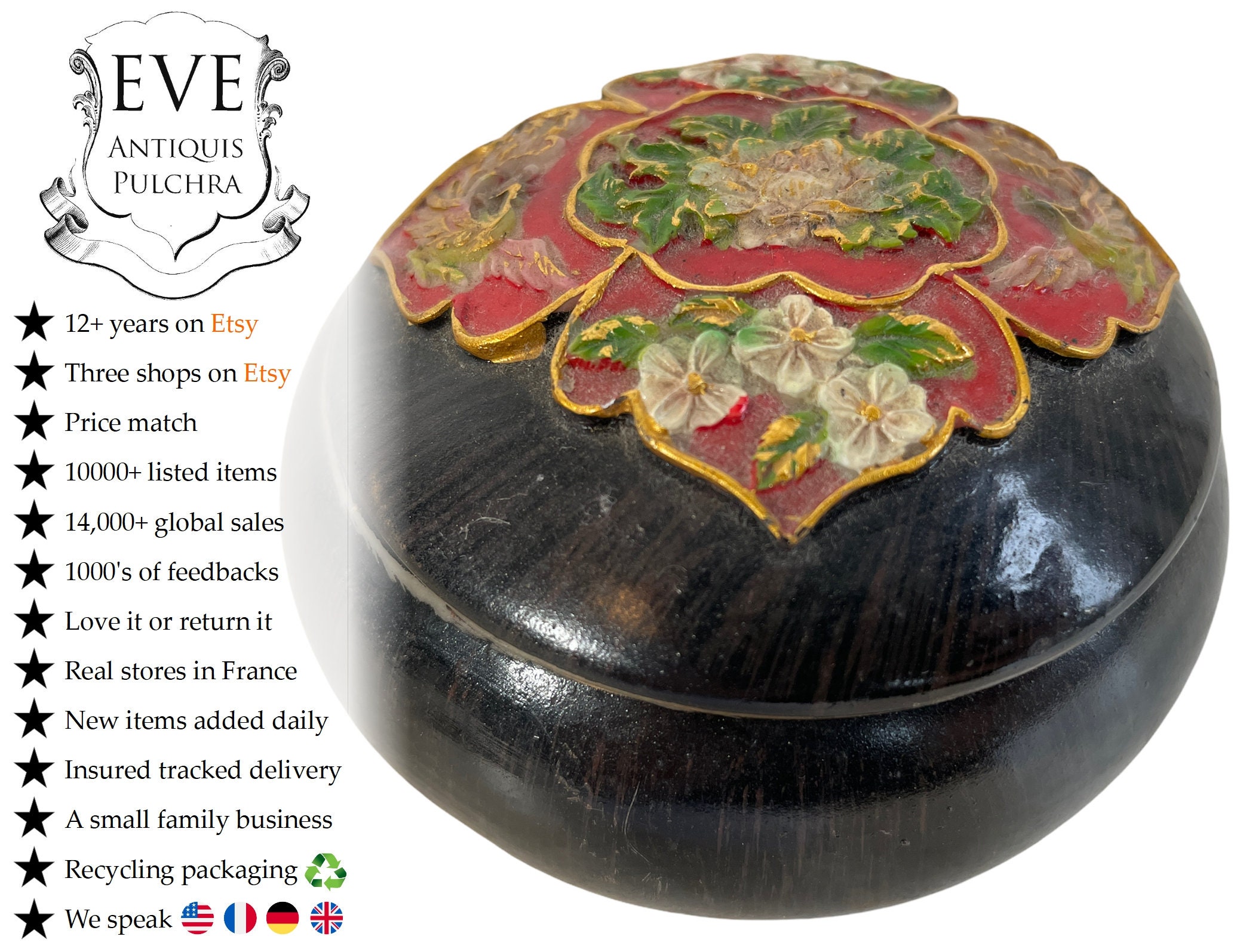 Vintage Asiatique Chinois Laque Noire Petite Boîte de Rangement Bol à Vaisselle Phoenix Oiseaux Fleu