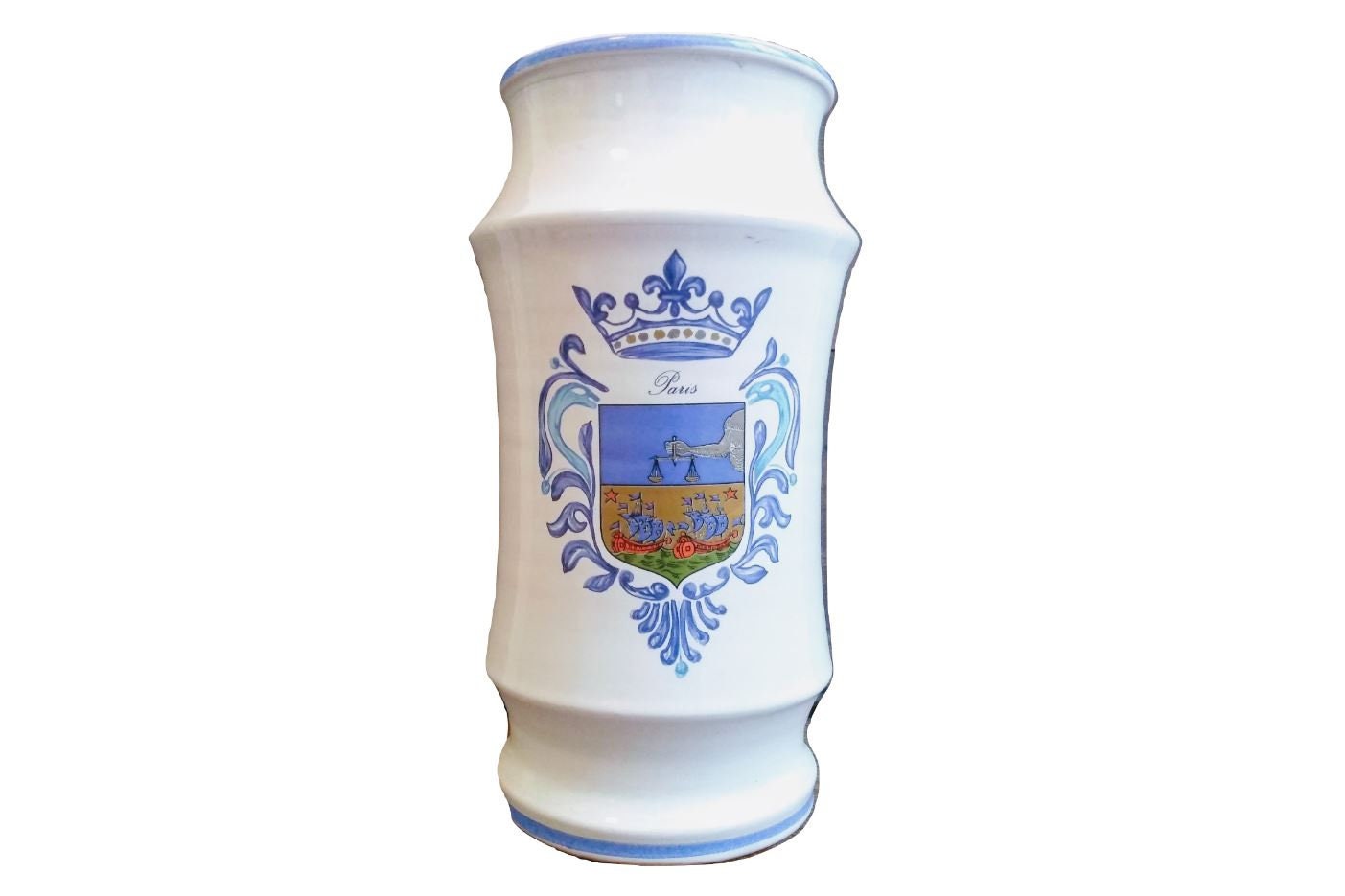 Vintage Français Stoneware Pottery Clay Terracota White Blue Paris Kitchen Pot Vase Decor Storage Di