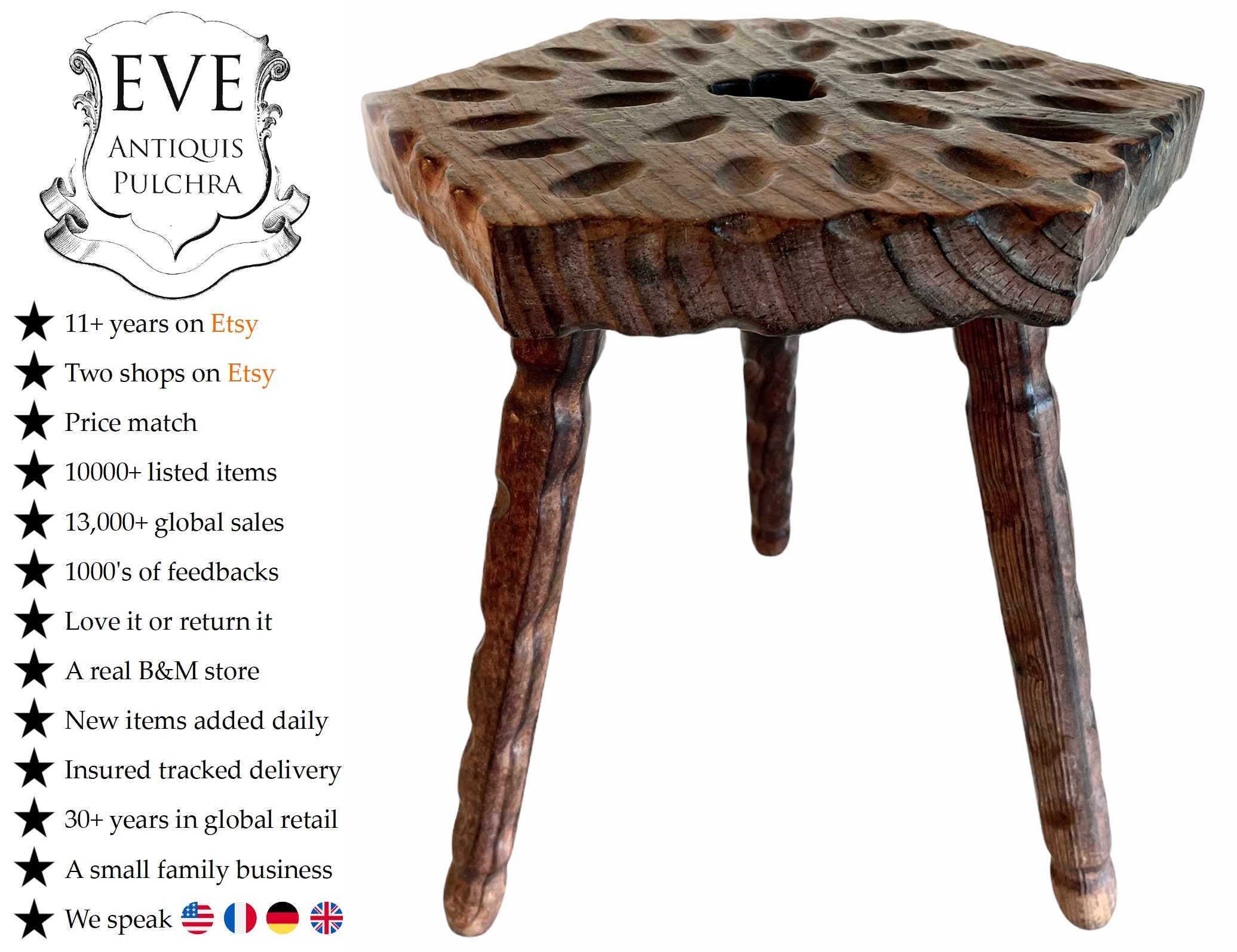 Vintage Français Clover Leaf Lucky Tabouret Sculpté Bois Marron Petite Chaise de Traite Stand Affich