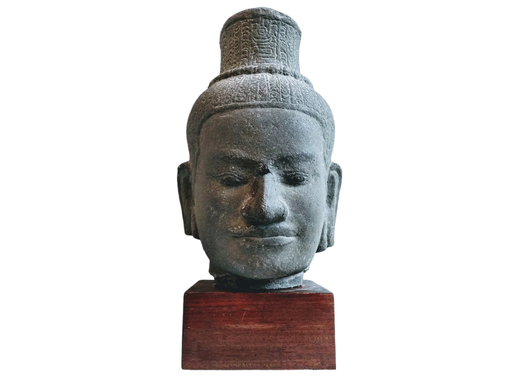 Vintage South East Asian Cambodian Decorative Reproduction Bust Concrete Stone Decor Sculpture On Wo