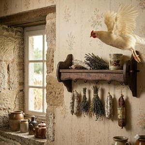 May include: A rustic wooden shelf displays dried herbs, sausages, and a can of chestnuts. A white chicken with outstretched wings hovers above the shelf. The scene is set against a floral wallpaper and a stone wall.