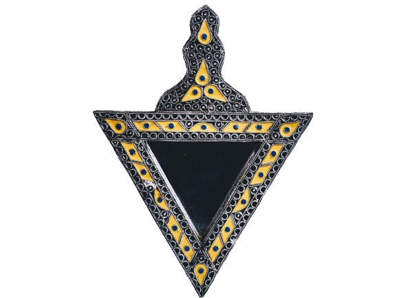 Vintage Marocain Wall Hanging Triangulaire Triangle Miroir Argent Métal Verre One-Off Fait à La Main