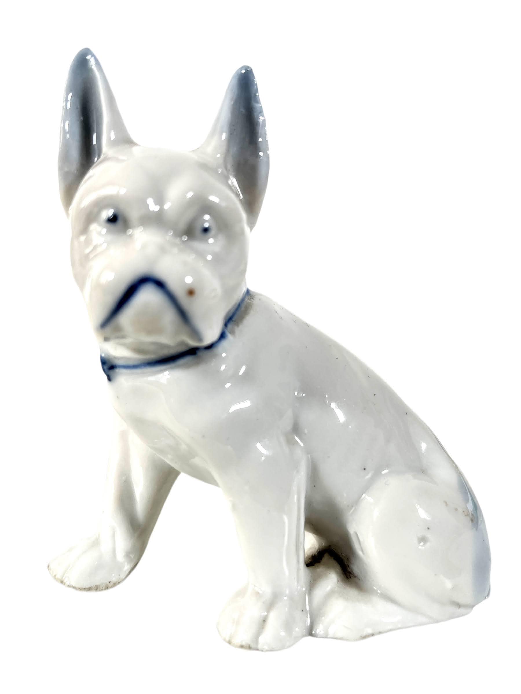 Vintage French Bulldog White Blue Ceramic Dog Ornament Figurine