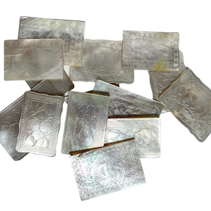 Antique Chinese Mother Of Pearl Collection Job Lot x 14 Mixed Rectangular Gaming Chips Counters Tokens Hand Engraved circa 1800-1850&#39;s / EVE