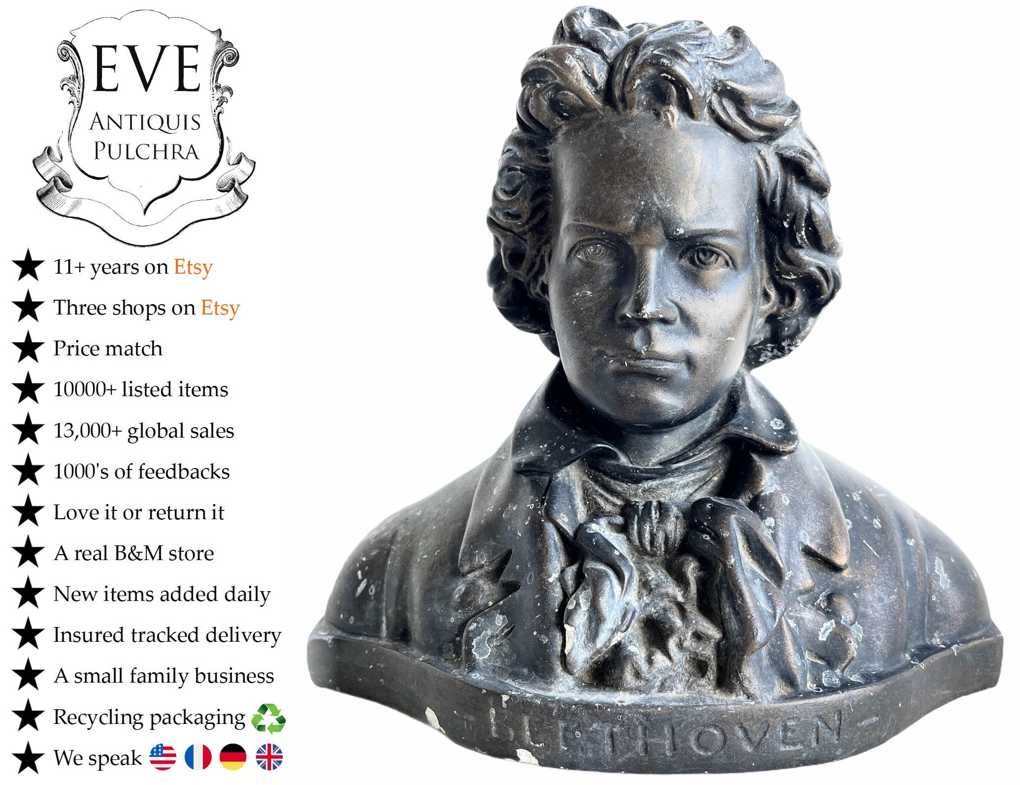 Vintage Français Beethoven Buste Tête Petit Ornement Figurine Affichage Cadeau Musique Classique Com
