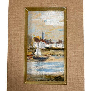 Vintage French Small Tiny Framed Sailing Boat Seascape Painting Oil Normandy Brittany On Card c1960-70's / EVE