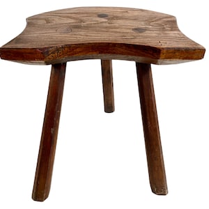 Vintage French Small Traditional Three Leg Milking D Stool Wooden Brown Wood Stand Display Rest Plinth Plant Pot Tabouret c1940-50&#39;s / EVE