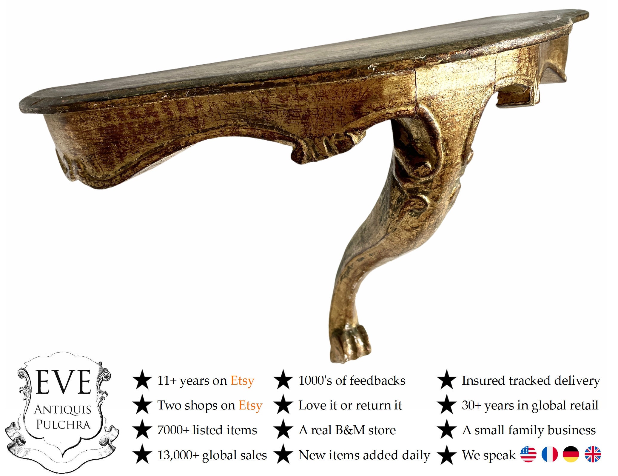 Vintage Français Grande Étagère Or Applique Bois Richement Décoré Mur Suspendu Socle d'affichage Pli