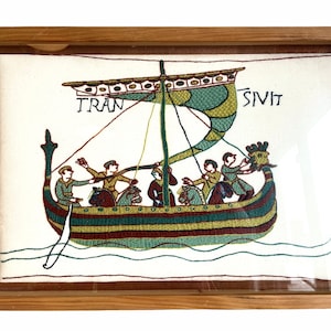 Vintage French Bayeux Tapestry Reproduction Of Boat Scene Sailing For France England Tapisserie Glass Framed circa 1980-90&#39;s / EVE de France