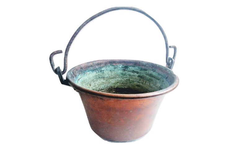 Vintage French Copper Iron Hanging Saucepan Bowl Dish Fireplace
