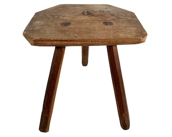 Vintage French Traditional Stool Small Wooden Brown Wood Small Stand Display Plinth Plant Pot Tabouret Three Legs Tripod c1940-50's / EVE