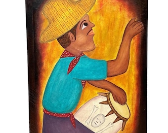 Vintage Haitian Man Musician Drum Acrylic Portrait Painting On Canvas Signed Tropical Island c1970-80's / EVE