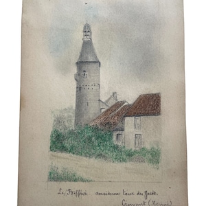 Antique French Pencil Drawing Rural Rustic Architecture Buildings House Tower Study Art Wall Decor c1900&#39;s / EVE