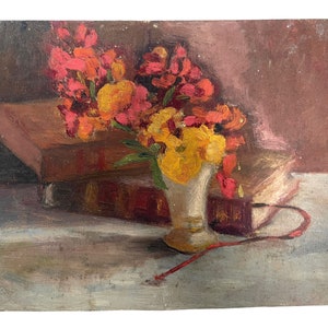 Vintage French "Brown Balance" Flowers Books Acrylic Painting On Card Wall Decor Decoration c1930-50's / EVE