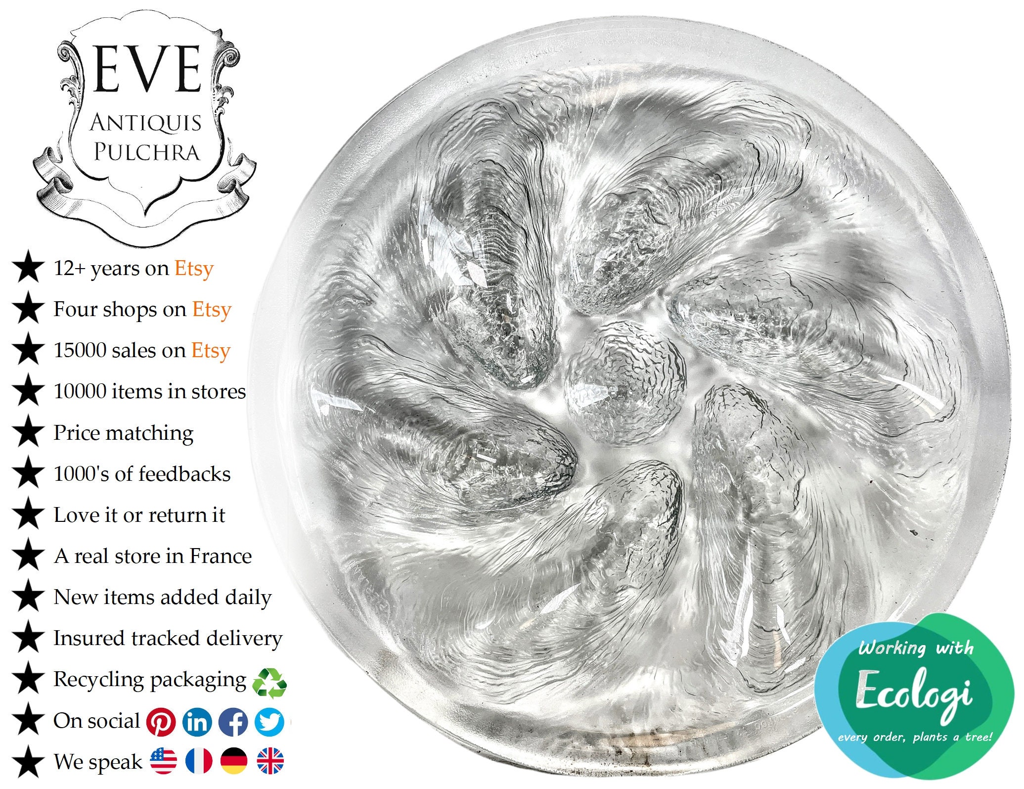 Vintage Français Verre Clair Huîtres Assiette de Fruits Mer Servant Bol Plat Déjeuner Prix Individue