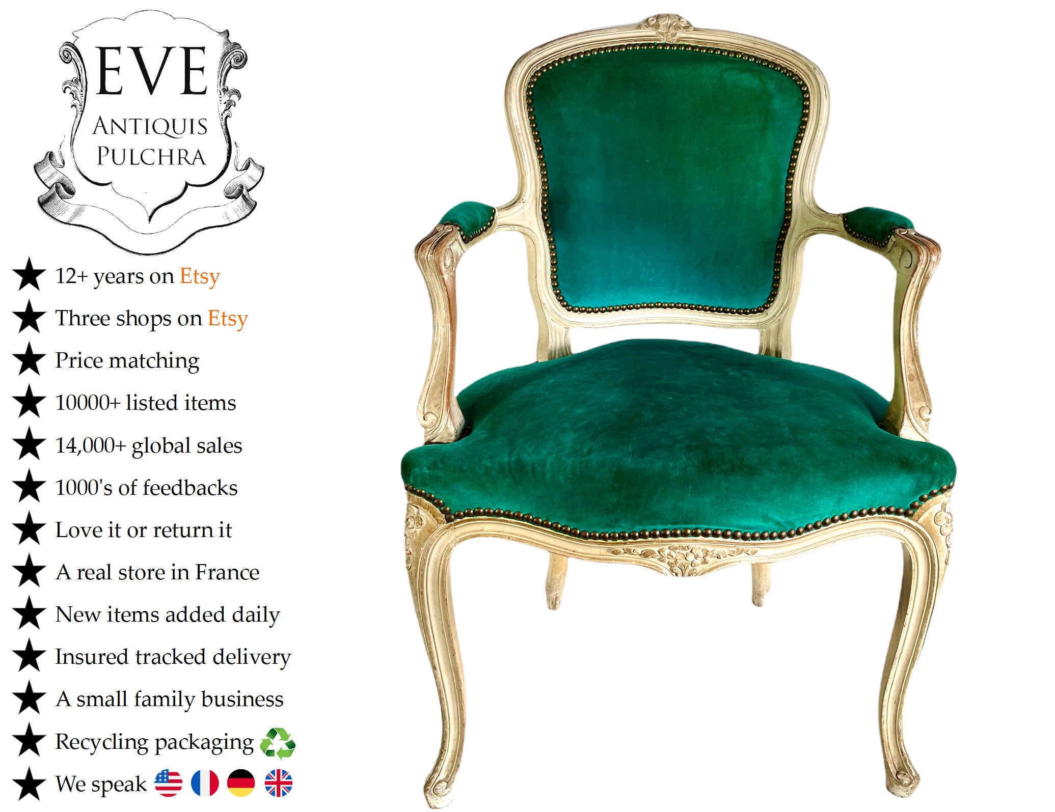 Antique French Wooden Aqua Green Emerald Louis XV Style Hand