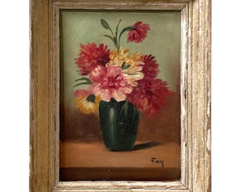 Vintage French Pink Flowers In Vase Canvas Fabric Framed Acrylic Original Painting Art Signed Fay circa 1950's / EVE