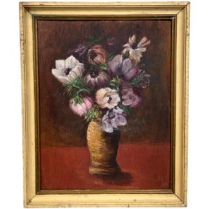 Vintage French Still Life Purple Flowers Study Acrylic Painting On Board Framed Unsigned circa 1950-60&#39;s / EVE