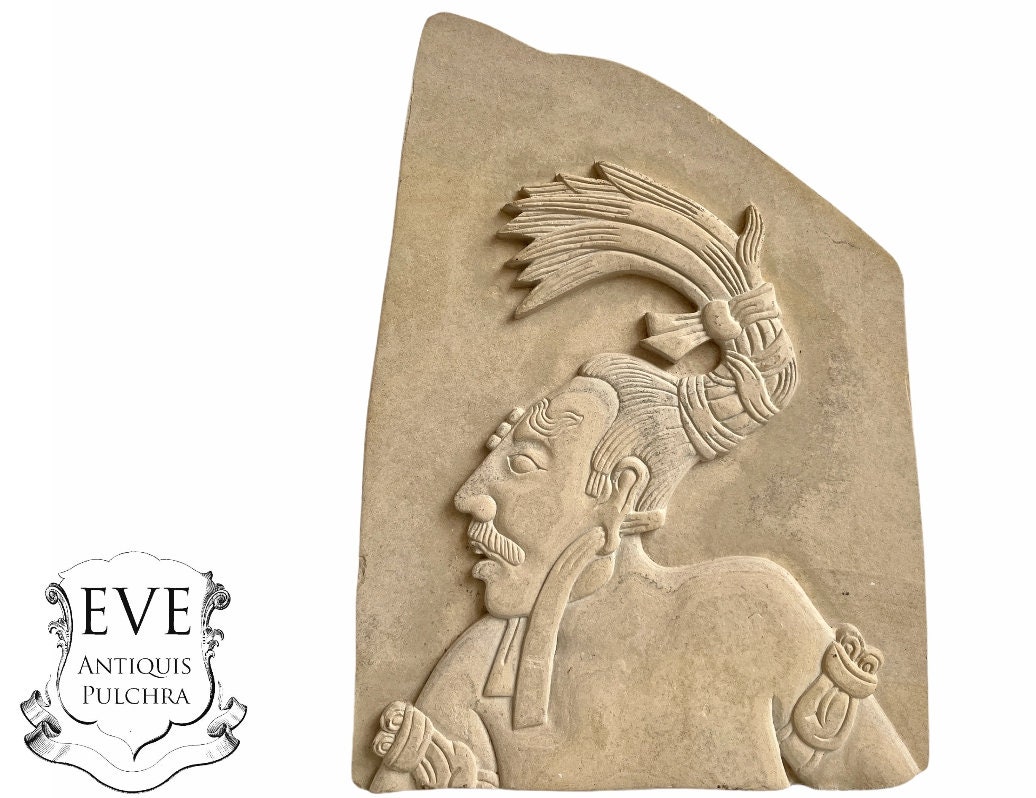 Vintage Sud-Américain Maya Influence Décoratif Plâtre Argile Plaque Ornement Décor Sculpture C1980-9