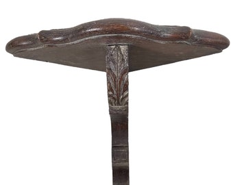 Antique French Corner Shelf Small Plinth Wood Wooden Dark Brown Natural Wood Shelving Wall Stand Display Ornate c1920's / EVE