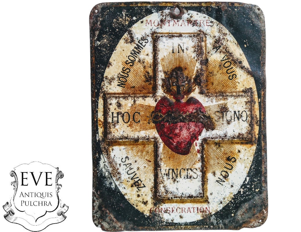 Vintage Français Plaque Religieuse Montmatre Rust With Patina Catholic Church Chapel Cross Religious