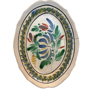 Antique French Faience Cracked Staple Repaired Hand Painted Bowl Dish Plate Stoneware White Serving Plate Wall Hanging c1850&#39;s / EVE