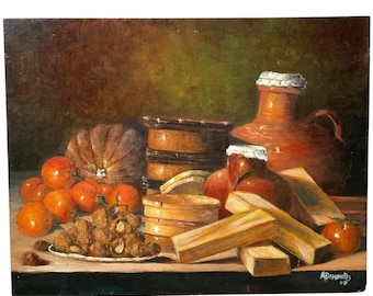 Vintage French Food Drink Cheese Tomatoes Still Life On Board Acrylic Original Painting Art circa 2003 / EVE