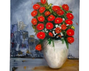 Vintage French Red Flowers In White Vase On Canvas Acrylic Original Painting Art circa 1980-90's / EVE