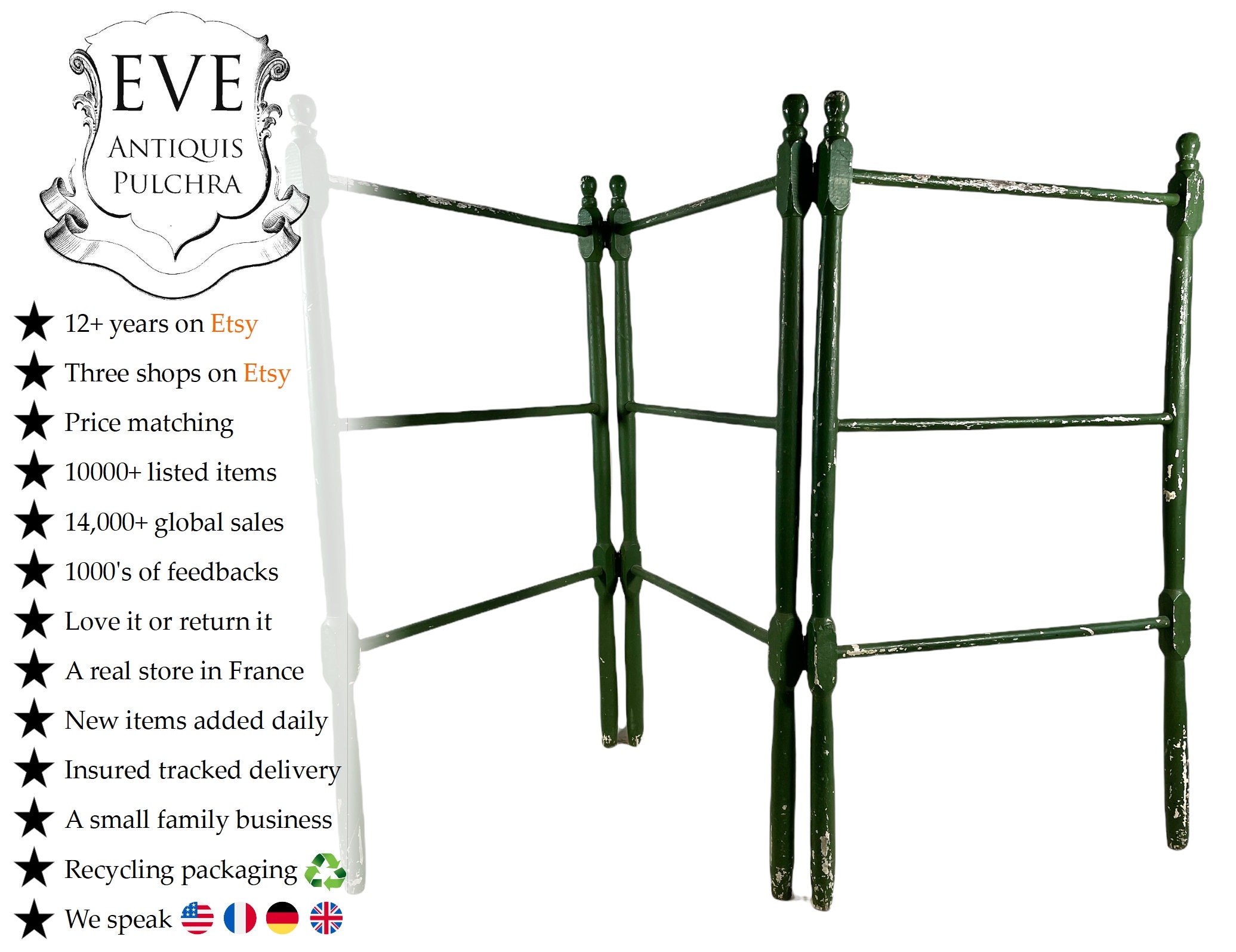 Vintage Français en Bois Chippy Vert Shabby Chic Plancher Debout Bois Cintre Séchoir Stand Stockage