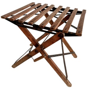 Vintage Folding Stool French Fishing Camping Collapsing Wooden Wood Metal Garden Chair Stand Rest Plinth Seating Tabouret c1930-50&#39;s / EVE