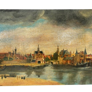 Vintage French Oil Reproduction Study Of Delft By Vermeer Painting Coastal Seaside Skyline Scenic Harbour On Board c1970&#39;s / EVE de France
