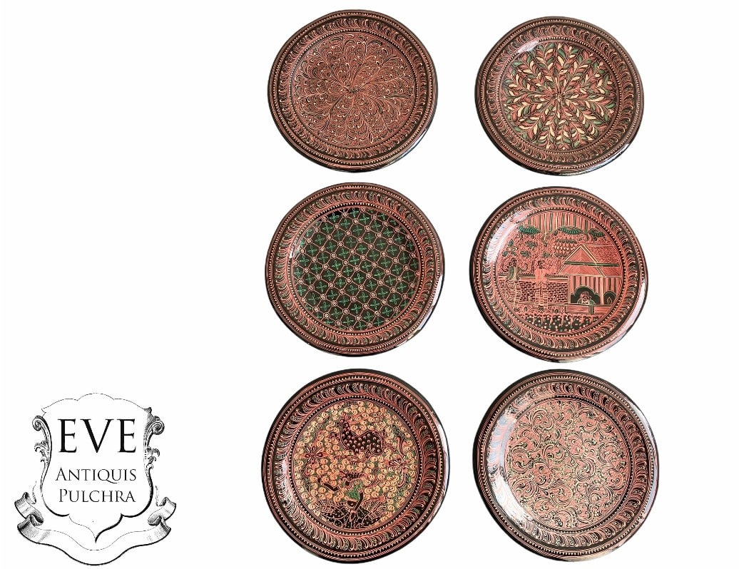 Vintage Laque Birmane Asiatique Circulaire Petites Assiettes d'accompagnement Soucoupes Plateau Plat